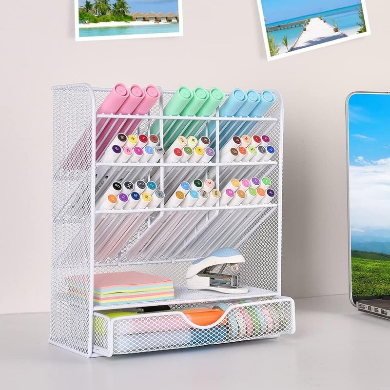 Spacrea Pen Holder Desk Organizer - Desk Organizers and Accessories, Pencil Holder with 10 Compartments and 1 Drawer（White） - Image 3
